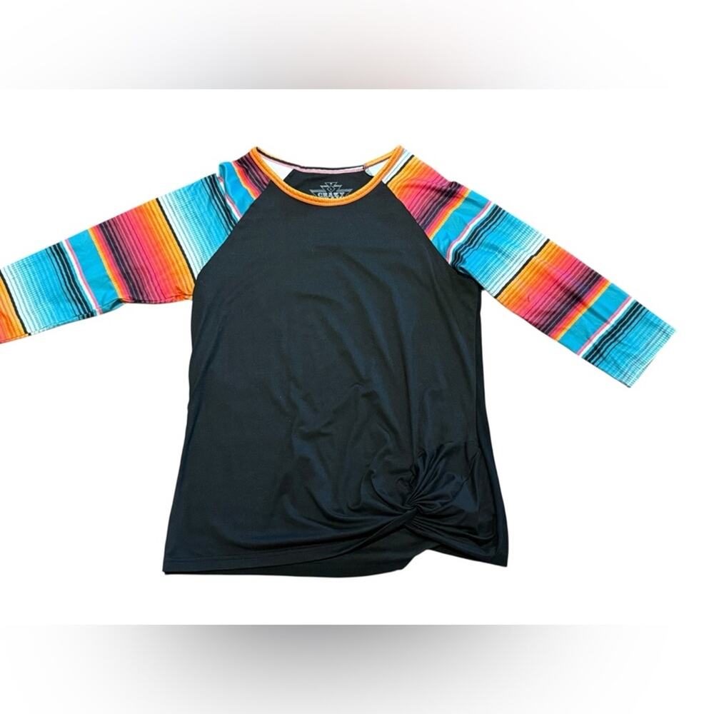 Crazy Train Black Top with Multicolor Serape 3/4 Sleeves Womens Large
